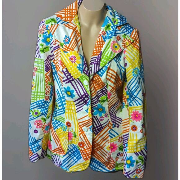 Vintage 1970s Gregg Draddy Psychedelic Dayglow Floral Hawaiian Suit Jacket Sz S - Picture 1 of 7
